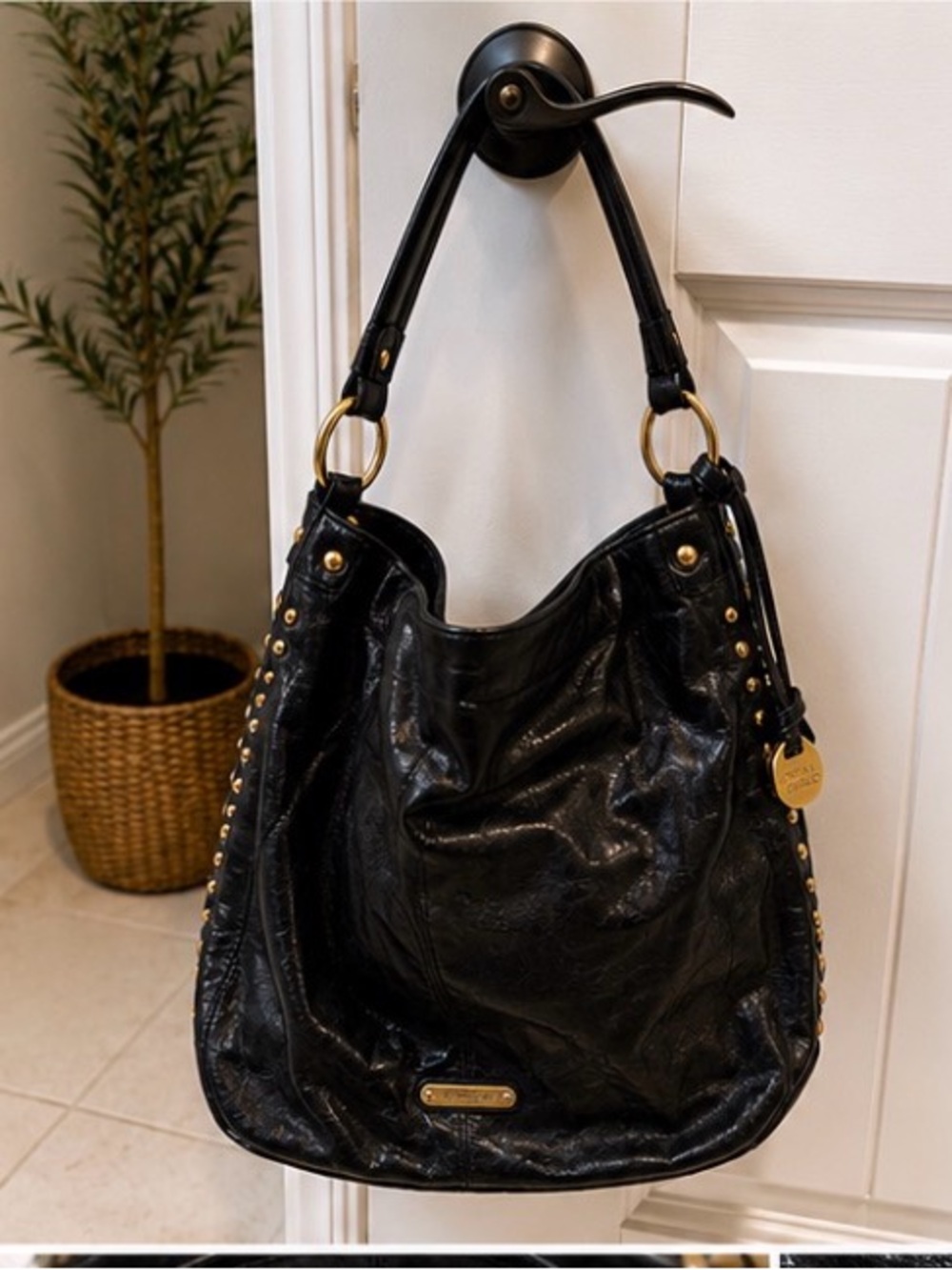 Cynthia Rowley Black Leather Studded Hobo Shoulder Bag